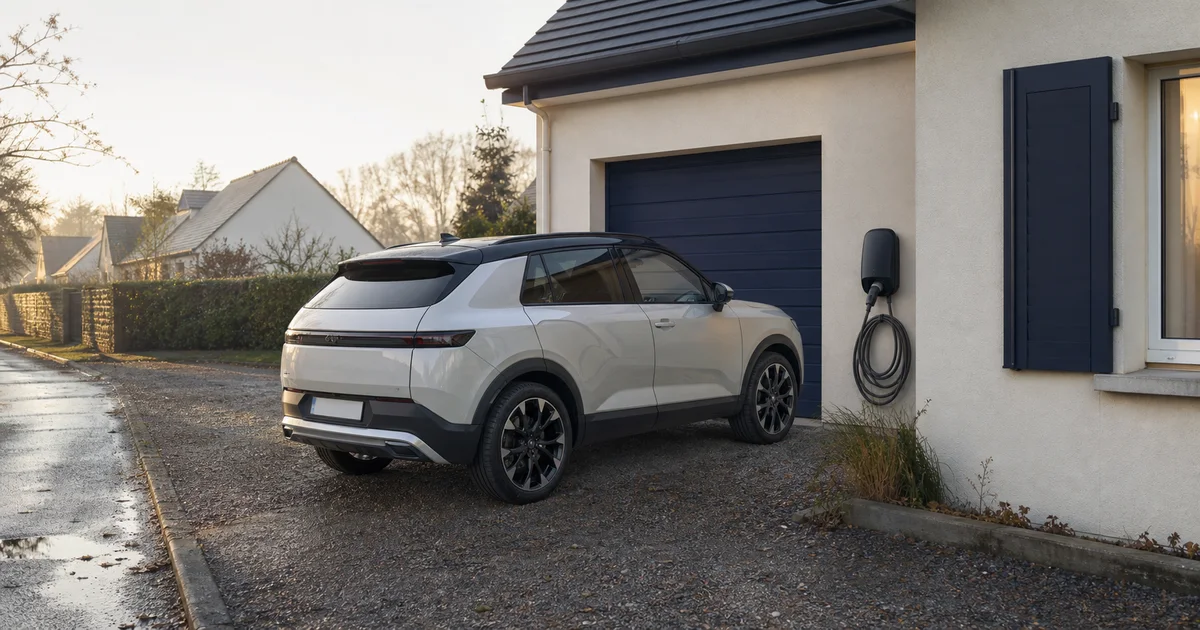 Un crossover hybride rechargeable garé devant une maison, à côté d’un câble de recharge enroulé